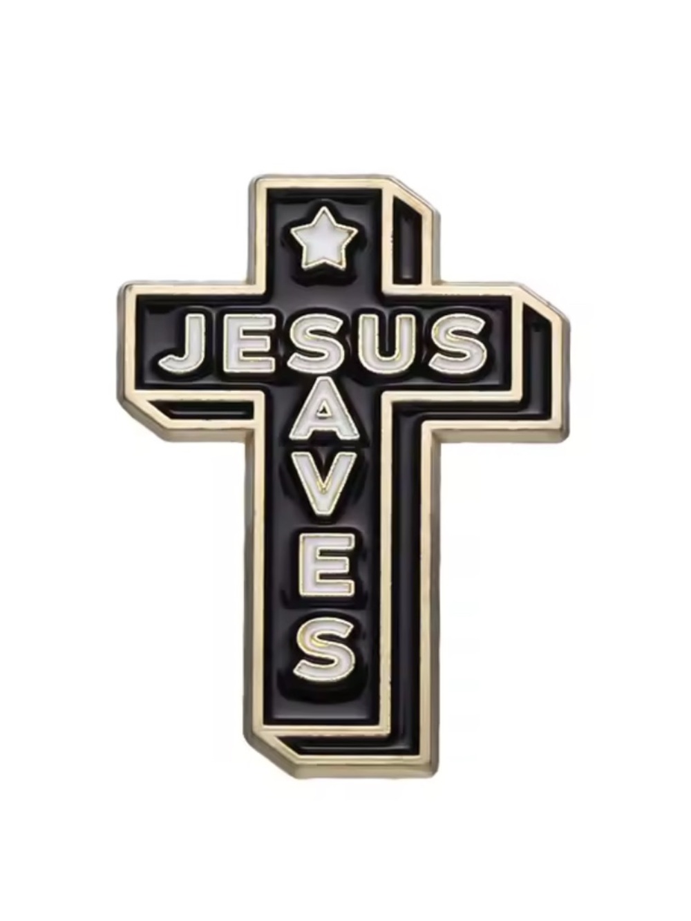 Religious Cross Pin - "Jesus Saves" Black & Gold tone. 1.5 inches